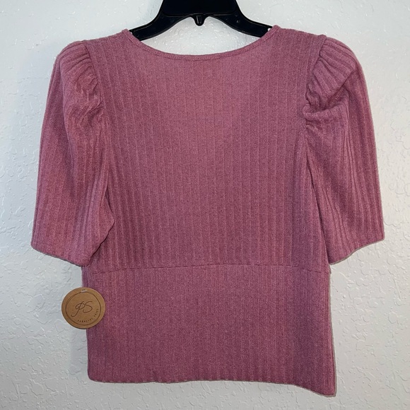 NWT Parallel Skies Ribbed Top Sz XL Short Puff Sleeve Deep V-Neck Blouse Pink - Picture 7 of 8